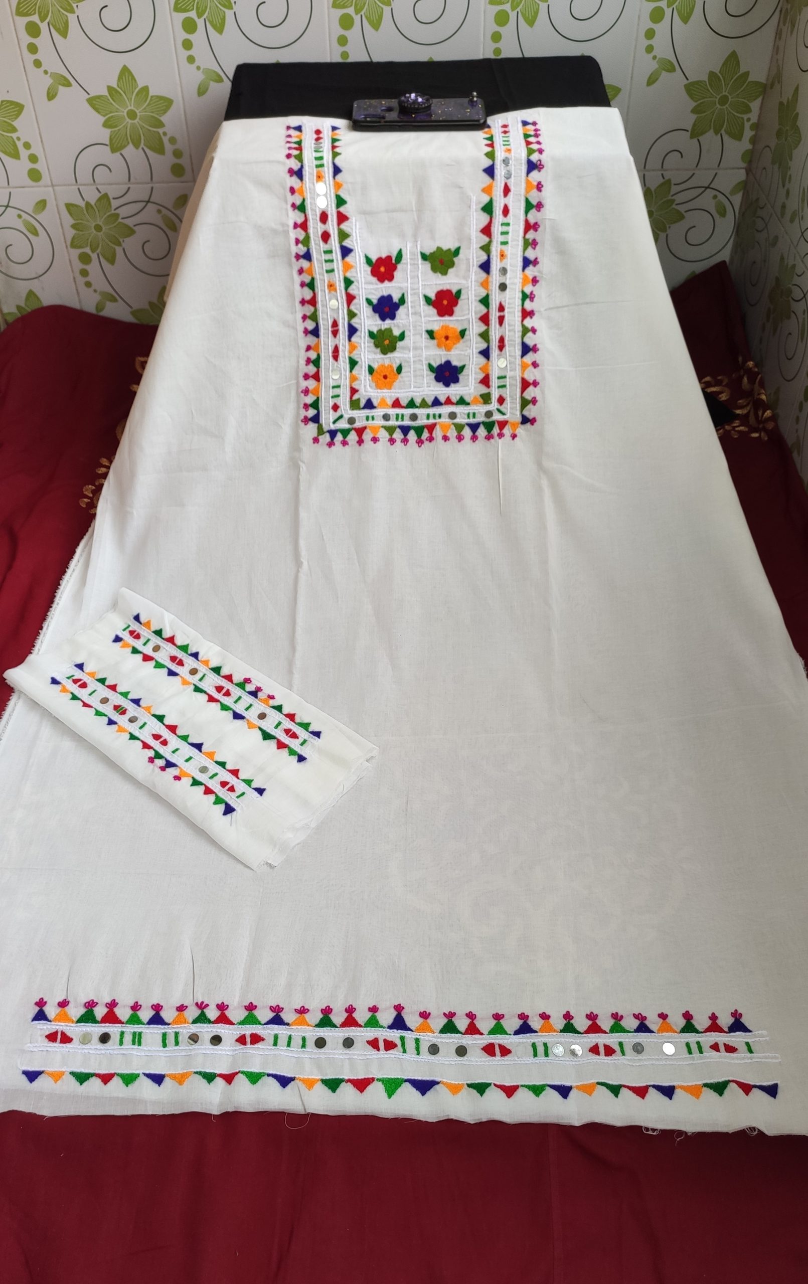 White Cotton Handcrafted Three Piece for Women – Elegant Hater Kaj Salwar Kameez - Image 2