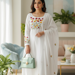 White cotton handcrafted three piece for women elegant summer outfit