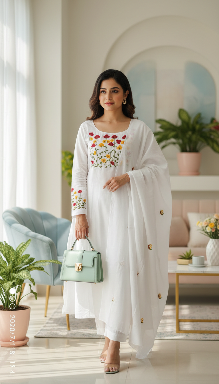 White cotton handcrafted three piece for women elegant summer outfit