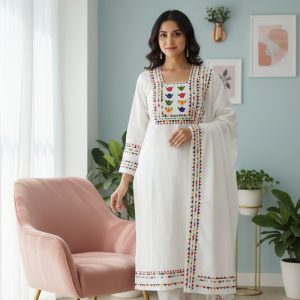Elegant white cotton three piece handmade design