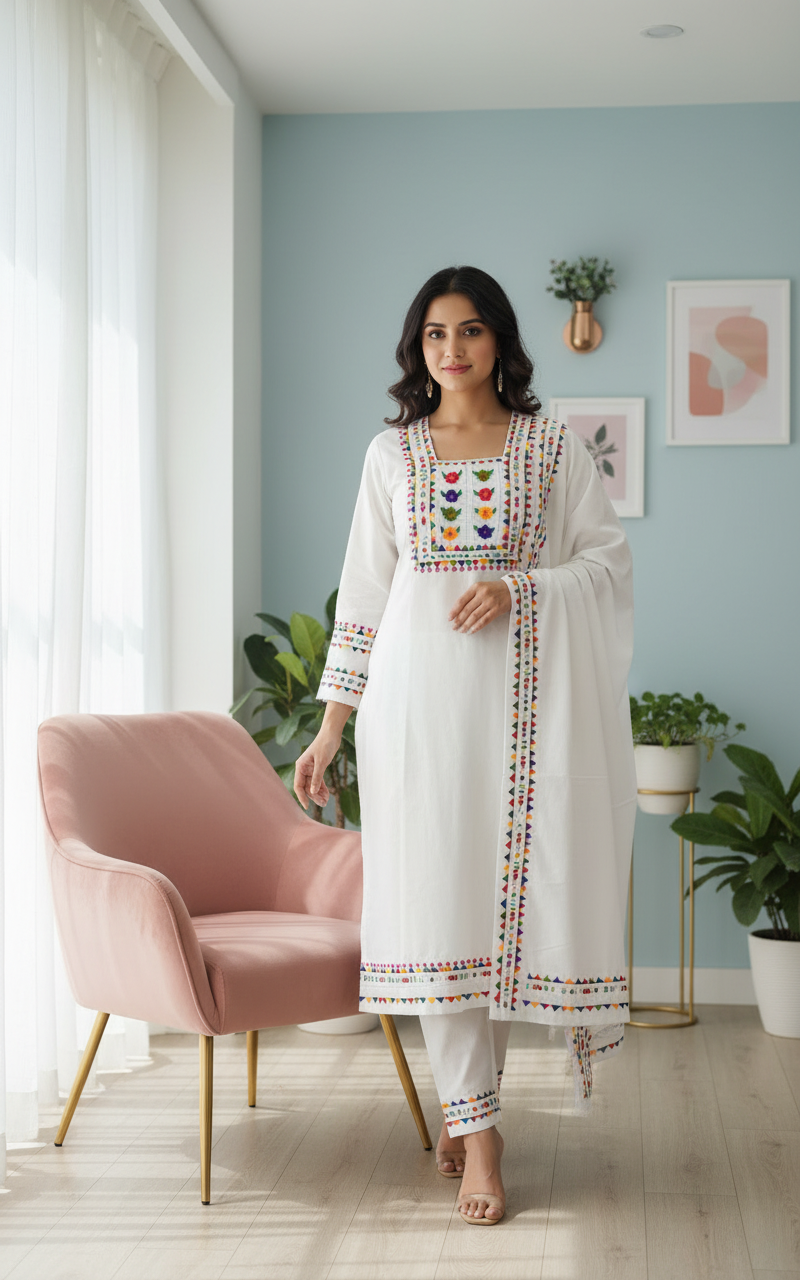 Elegant white cotton three piece handmade design