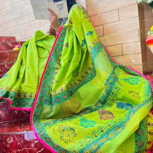 Handmade Khata Saree in Lime Green Bolaka Silk