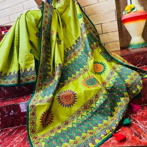 Handmade Khata Saree in LimeGreen Bolaka Silk